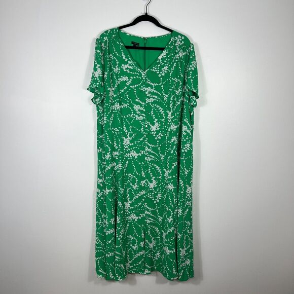Talbots Dress 20W Kelly Green Floral Crepe Fit Flare Flowy Button Front Romantic - Picture 1 of 16
